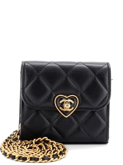Pre-owned Chanel Coco Love Cc Heart Clutch With Chain Quilted Lambskin Mini Crossbody Bag In Black