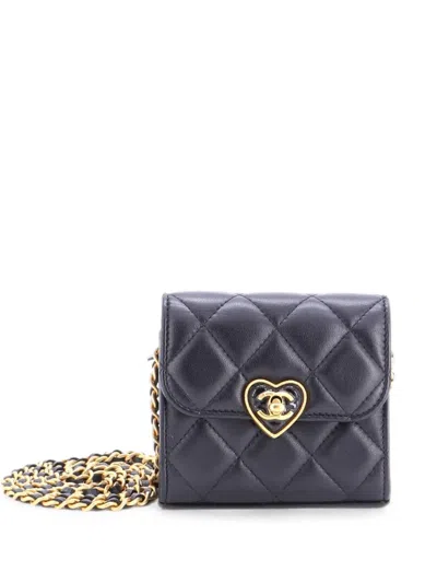 Pre-owned Chanel Coco Love Cc Heart Clutch With Chain Quilted Lambskin Mini Crossbody Bag In Black