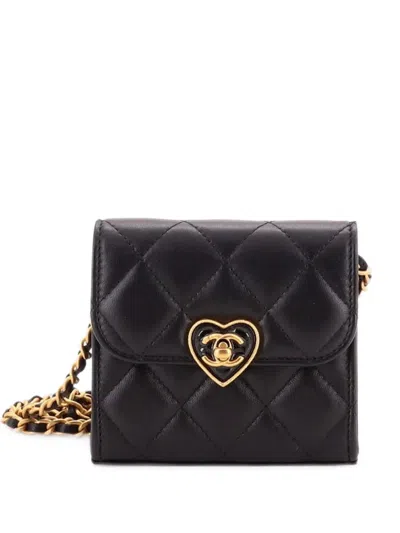 Pre-owned Chanel Coco Love Cc Heart Clutch With Chain Quilted Lambskin Mini Crossbody Bag In Black