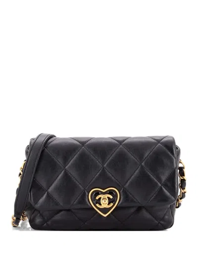 Pre-owned Chanel Coco Love Cc Heart Flap Bag Quilted Lambskin Small Shoulder Bag In Black