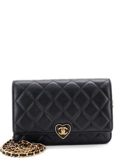 Pre-owned Chanel Coco Love Cc Heart Wallet On Chain Quilted Lambskin Crossbody Bag In Black
