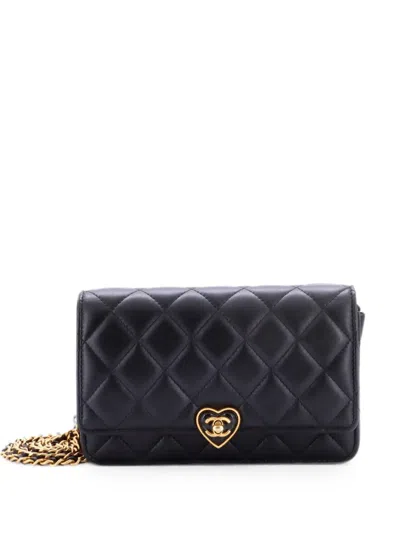 Pre-owned Chanel Coco Love Cc Heart Wallet On Chain Quilted Lambskin Crossbody Bag In Black
