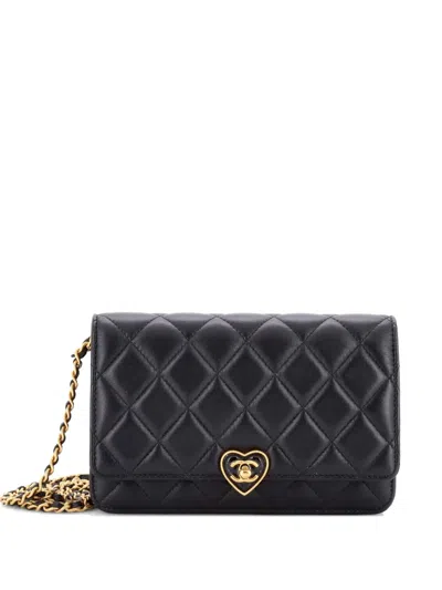 Pre-owned Chanel Coco Love Cc Heart Wallet On Chain Quilted Lambskin Crossbody Bag In Black