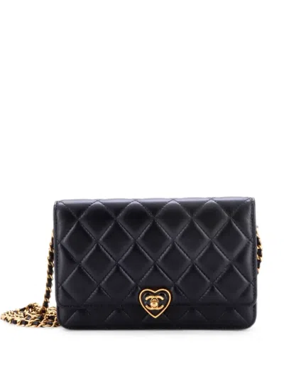 Pre-owned Chanel Coco Love Cc Heart Wallet On Chain Quilted Lambskin Crossbody Bag In Black