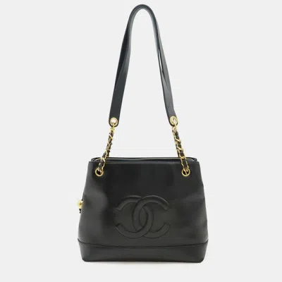 Pre-owned Chanel Coco Mark Ball Chain Tote Bag Large Shoulder Lambskin Leather Black