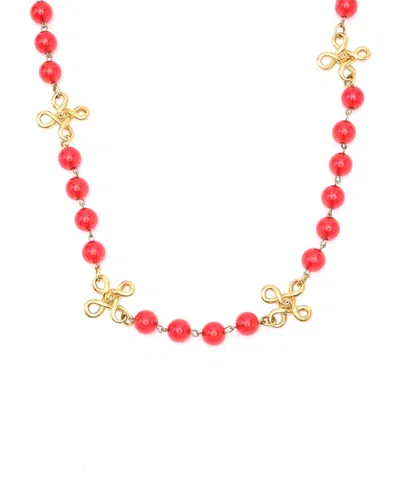 Pre-owned Chanel Coco Mark Beads Long Necklace In Red