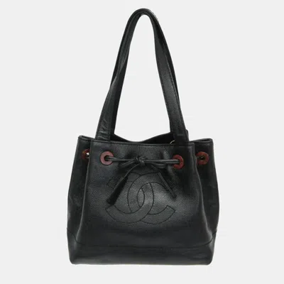 Pre-owned Chanel Coco Mark Black Grained Calfskin Drawstring Tote Bag