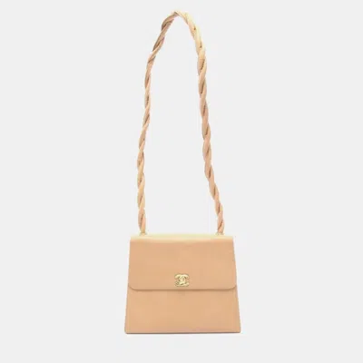Pre-owned Chanel Coco Mark Black Leather Twist Handle Handbag In Beige
