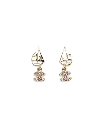 Pre-owned Chanel Coco Mark Boat Rhinestone Earrings In Gold