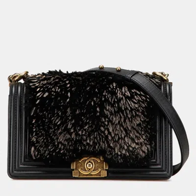 Pre-owned Chanel Coco Mark Boy 25 Crossbody Chain Shoulder Bag In Black Lambskin And Fur