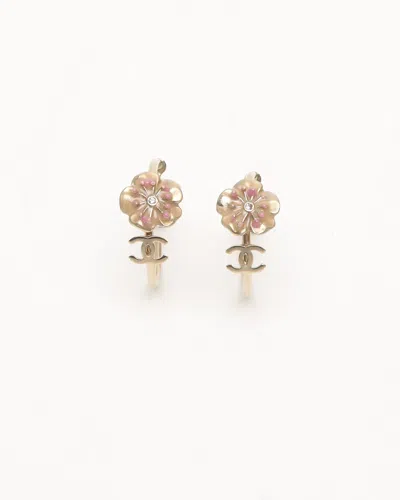 Pre-owned Chanel Coco Mark Camelia Hoop Earrings In Gold