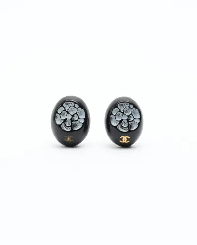 Pre-owned Chanel Coco Mark Camellia Clip-on Earrings In Black