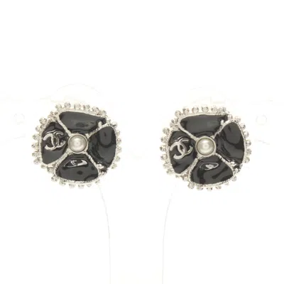Pre-owned Chanel Coco Mark Camellia Earrings Fake Pearl Silver F23k In Black