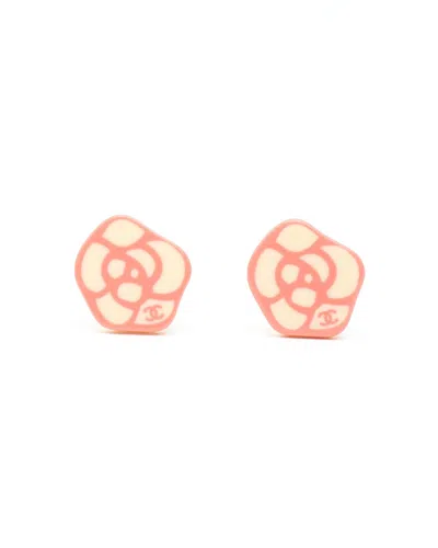 Pre-owned Chanel Coco Mark Camellia Resin Clip-on Earrings In Multi