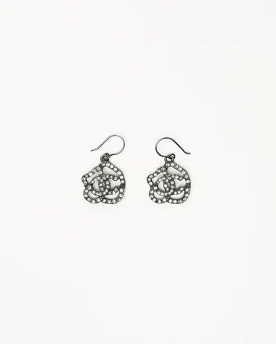Pre-owned Chanel Coco Mark Camellia Rhinestone Hook Earrings In Black