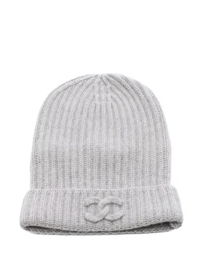 Pre-owned Chanel Coco Mark Cashmere Beanie Hat In Gray
