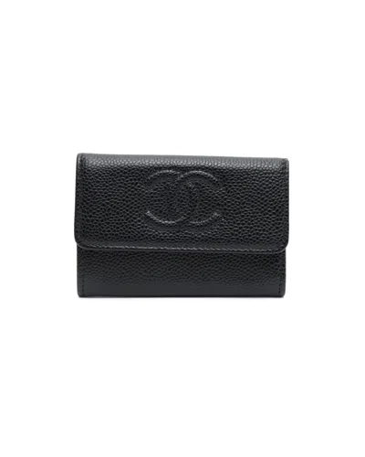 Pre-owned Chanel Coco Mark Caviar Card Holder In Black