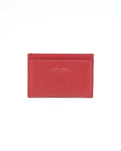 Pre-owned Chanel Coco Mark Caviar Card Holder In Red