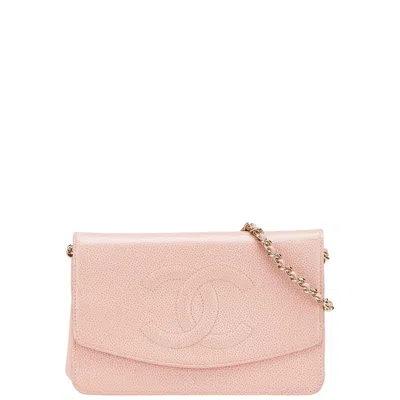 Pre-owned Chanel Coco Mark Caviar Chain Shoulder Wallet In Pink
