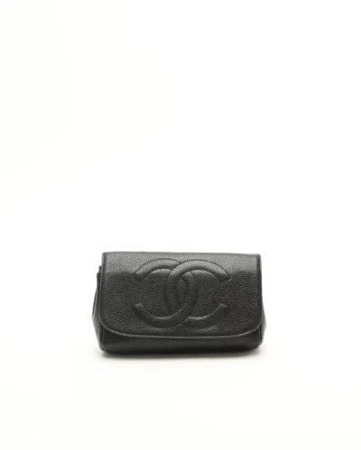 Pre-owned Chanel Coco Mark Caviar Cosmetic Pouch In Black