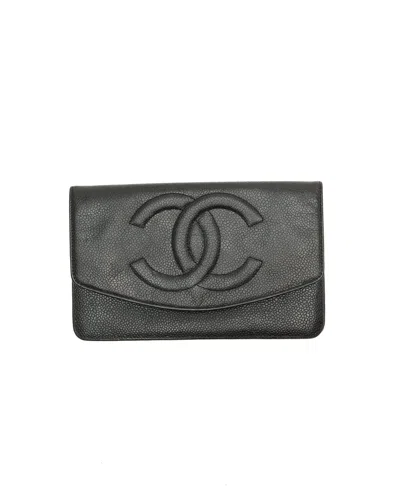 Pre-owned Chanel Coco Mark Caviar Long Flap Wallet In Black