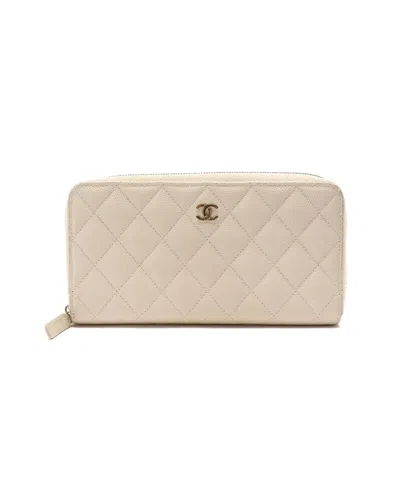 Pre-owned Chanel Coco Mark Caviar Long Wallet In Beige