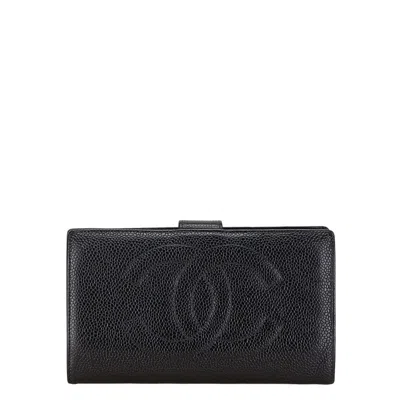 Pre-owned Chanel Coco Mark Caviar Long Wallet In Black