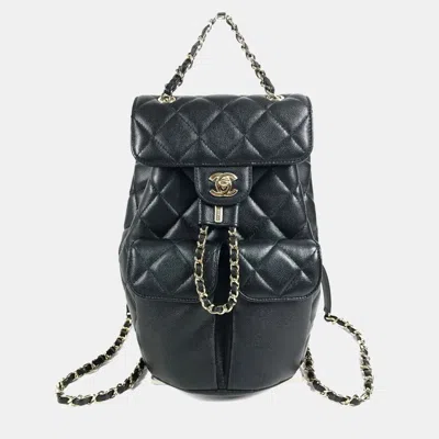 Pre-owned Chanel Coco Mark Cc Logo Quilted Matelasse Chain With Double Pockets One Size Black Caviar Backpack