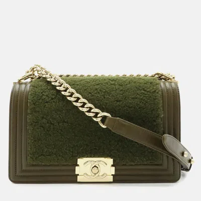 Pre-owned Chanel Coco Mark Chain Shoulder Bag Boa Leather Khaki Green
