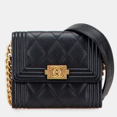 Pre-owned Chanel Coco Mark Chain Shoulder Wallet In Black Caviar Skin