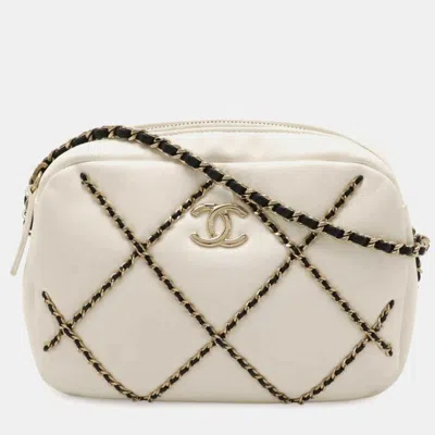 Pre-owned Chanel Coco Mark Chain Stitch Camera Bag Shoulder Pochette Lambskin Ivory Black In White
