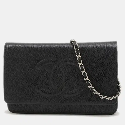Pre-owned Chanel Coco Mark Chain Wallet Long Caviar Skin Black Bag