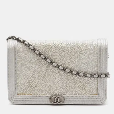 Pre-owned Chanel Coco Mark Chain Wallet Shoulder Bag Pochette Galuchat Metallic Leather Silver