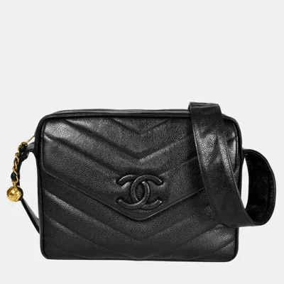 Pre-owned Chanel Coco Mark Chevron V-stitch Shoulder Bag Caviar Skin Black