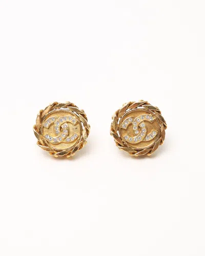 Pre-owned Chanel Coco Mark Circle Chain Rhinestone Clip-on Earrings