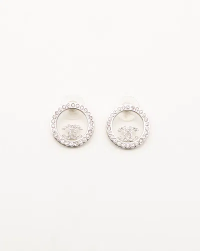 Pre-owned Chanel Coco Mark Circle Rhinestone Earrings In Silver