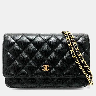 Pre-owned Chanel Coco Mark Classic Long Wallet Matelasse Chain Shoulder Bag Caviar Skin Black