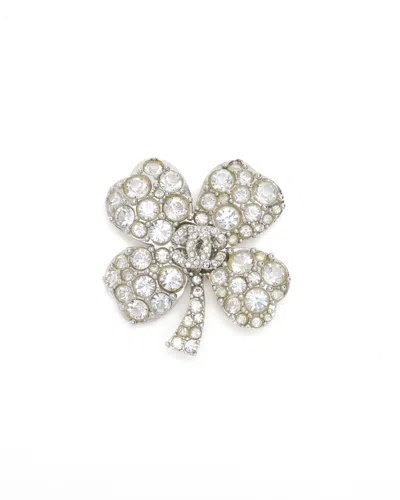 Chanel Coco Mark Clover Rhinestone Brooch In Silver