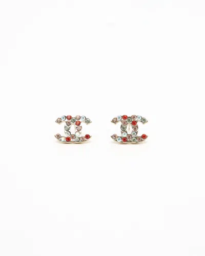 Pre-owned Chanel Coco Mark Colored Rhinestone Earrings In Silver