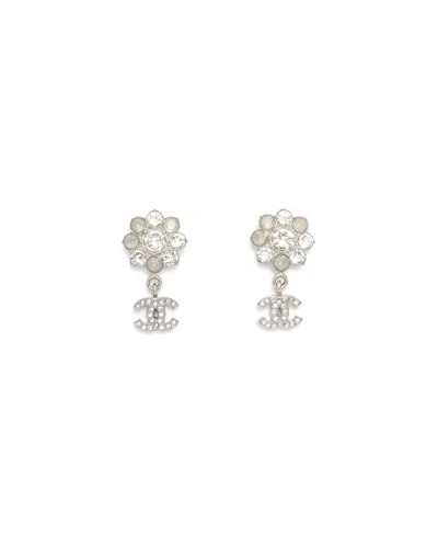 Pre-owned Chanel Coco Mark Dangling Rhinestone Earrings In Silver