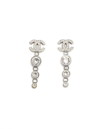 Pre-owned Chanel Coco Mark Dangling Rhinestone Earrings In Silver