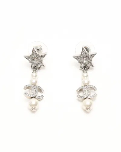 Pre-owned Chanel Coco Mark Dangling Star Earrings In Silver