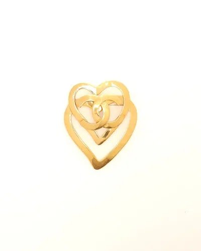 Pre-owned Chanel Coco Mark Double Heart Brooch In Gold