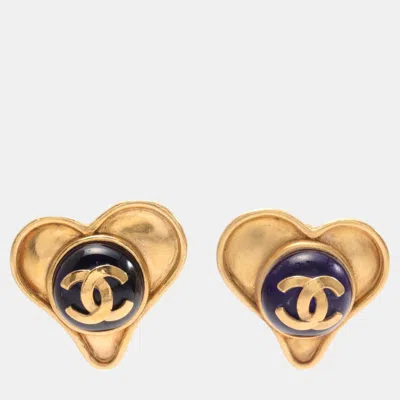 Pre-owned Chanel Coco Mark Earrings Gp Gripore Gold Dark Blue 95p