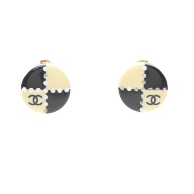 Pre-owned Chanel Coco Mark Earrings Gp Rhinestone Gold Ivory 02a