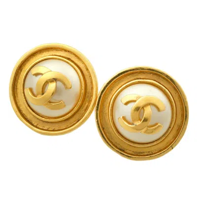 Pre-owned Chanel Coco Mark Earrings Imitation Pearl Vintage In Gold