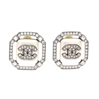 Pre-owned Chanel Coco Mark Earrings Stainless Steel Faux Pearl Rhinestone In Silver
