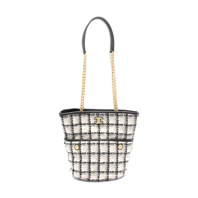 Pre-owned Chanel Coco Mark Fabric Leather Tote Bag In Black