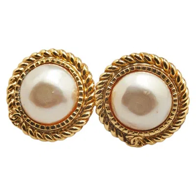 Pre-owned Chanel Coco Mark Faux Pearl Earrings In Gold