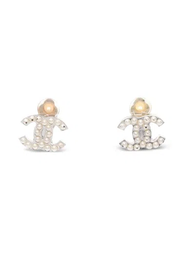 Pre-owned Chanel Coco Mark Faux Pearl Earrings In Silver
